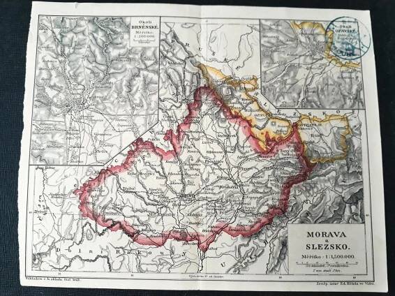 Morava a Slezsko - mapa vytržená ze staré knihy Rak.-Uher.