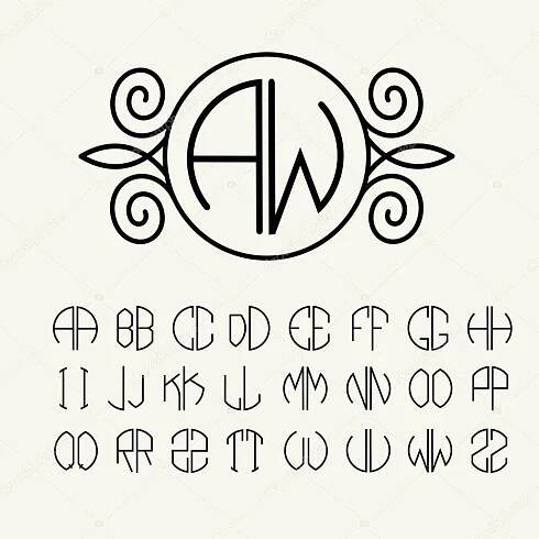 Stáhnout - Sada šablon dopisů, vytvoření monogramy ze dvou písmen, vepsaný do kruhu v secesním stylu — Ilustrace
