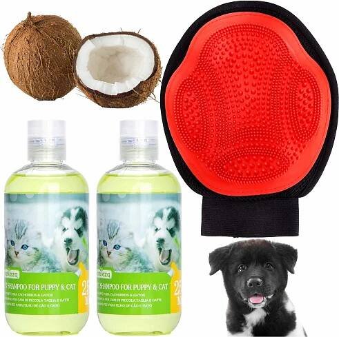 2X ŠAMPON PRO ŠTĚŇATA A PSY KOČKY A ZVÍŘATA PEČUJÍCÍ + RUKAVICE