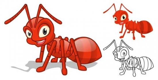 Podrobné červený mravenec kreslená postava s plochý Design a Line Art černá a bílá verze — Ilustrace