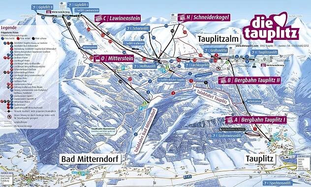 Tauplitz - Bad Mitterndorf - lyžařská mapa, skimapa sjezdovek a lanovek, zimní panorama ski areálu