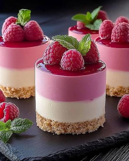 three desserts with raspberries on top of each other and garnished with mint leaves