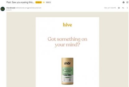 Email asking the reader if they are interested in Hive trail mix