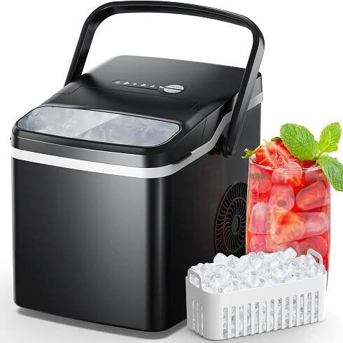 Countertop Ice Maker, Portable Ice Machine with Handle, 26 lbs Per Day, 9 Ice Cubes in 6 *, Self-Cleaning Ice Maker with Basket and Scoop, for Home