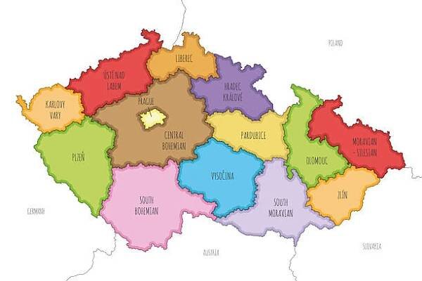 vektorově ilustrovaná mapa česka nebo české republiky s regiony a administrativním členěním, sousedních zemí a území. upravitelné a jasně označené vrstvy. - hradec králové region stock ilustrace