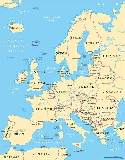 Stáhnout - Evropská politická mapa a okolní oblast. Se zeměmi, hlavními městy, národními hranicemi, velkými řekami a jezery. Anglické značení a změna měřítka. Obrázek. — Ilustrace