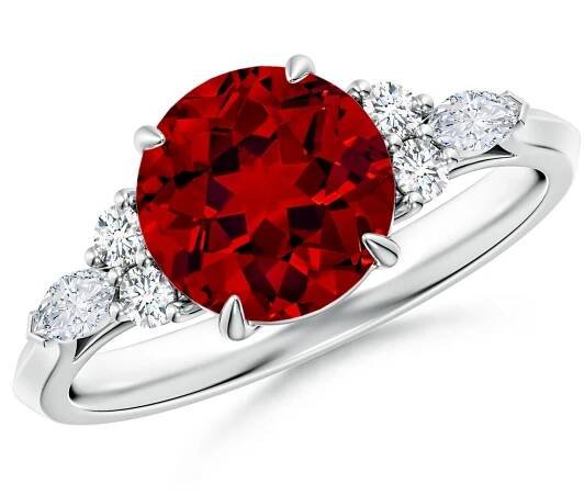 8mm Labgrown Lab-Grown Round Ruby Side Stone Engagement Ring with Diamonds in 18K White Gold