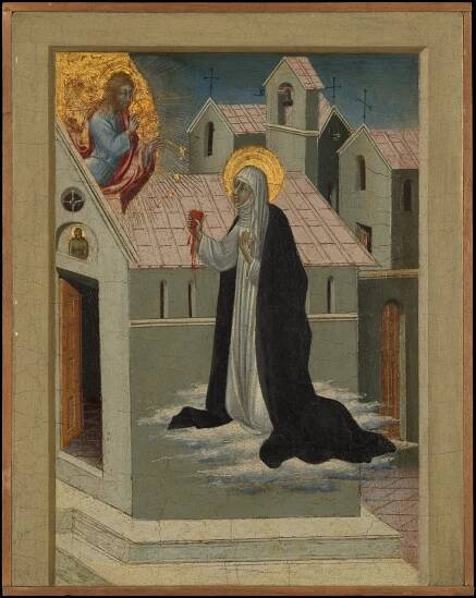 Saint Catherine of Siena Exchanging Her Heart with Christ, Giovanni di Paolo (Giovanni di Paolo di Grazia) (Italian, Siena 1398–1482 Siena), Tempera and gold on wood 