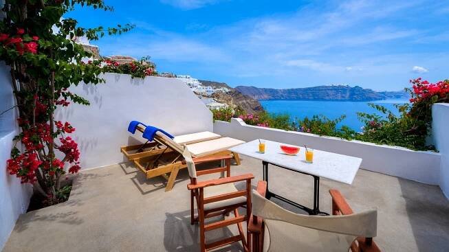 The breakfast is served every morning at your balcony so that you can enjoy with the panoramic view of the Aegean sea
