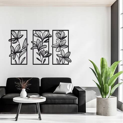 AŽUROVÝ OBRAZ NÁSTĚNNÁ DEKORACE KVĚTINY 3D OBRAZY DO OBÝVACÍHO POKOJE TRIPTYCH 110x60 cm Kód výrobce GiftShop3d_kwiaty3d