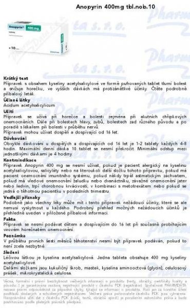 Anopyrin 400mg tbl.10x400mg | SOS lékárna online, internetová lékárna, léky