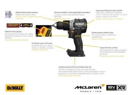 Aku příklepová vrtačka DeWalt McLaren DCD85MP2T, 2 x 5.0 Ah akumulátor, nabáječka, kufr Tstak : Dewalt-eshop.cz