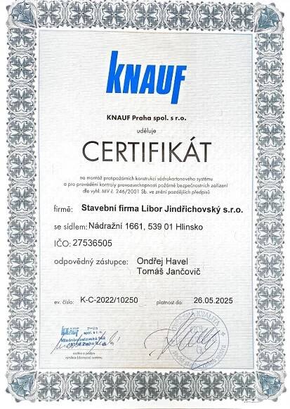 Certifikát KNAUF Praha spol. s.r.o. - STAVEBNÍ FIRMA Libor Jindřichovský s.r.o.