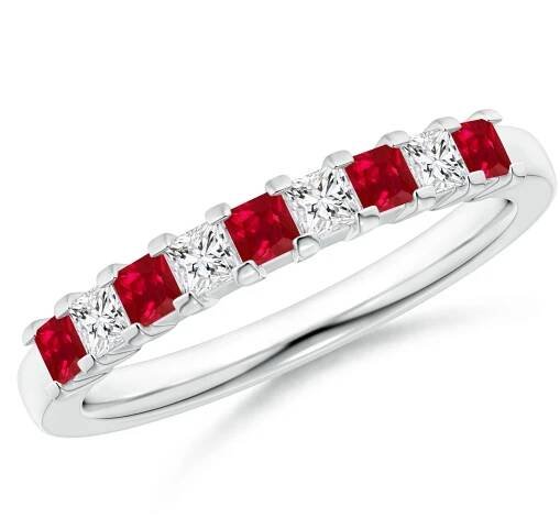 2.2mm AAA Square Ruby and Princess Diamond Semi Eternity Classic Wedding Ring in 18K White Gold