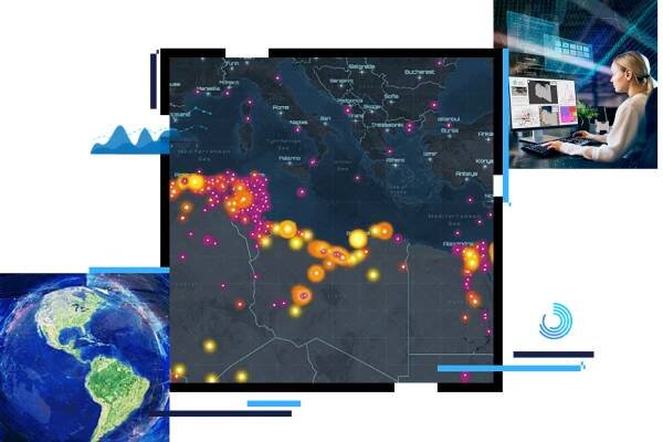 A gray country map with yellow and pink points, a graphic of the globe in bright blue and green, and a woman sitting at a modern workstation accessing maps on multiple monitors