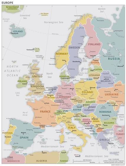 Map showing Europe region with each country a different color.