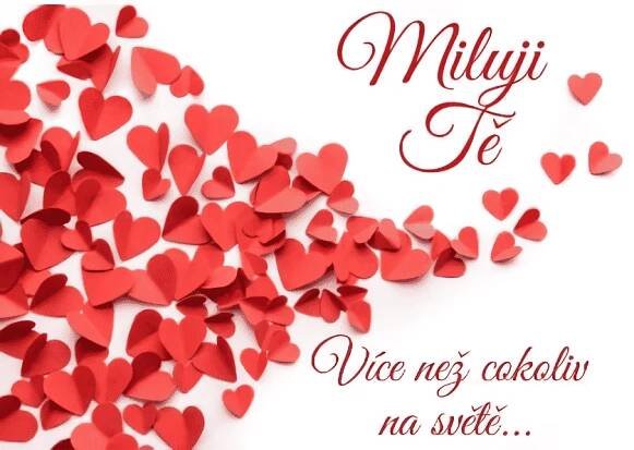 Obrázková karta se zamilovaným vzkazem a srdíčky.