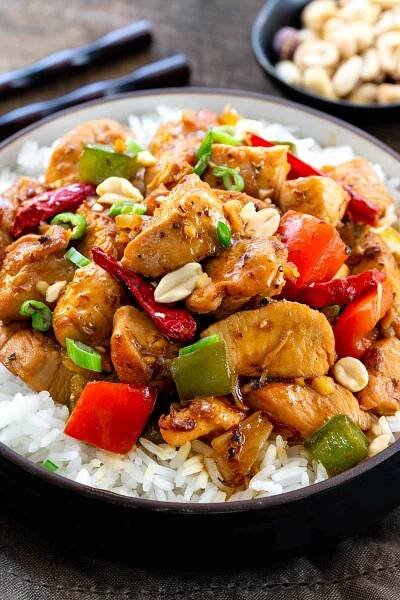 bowl of kung pao chicken and white rice