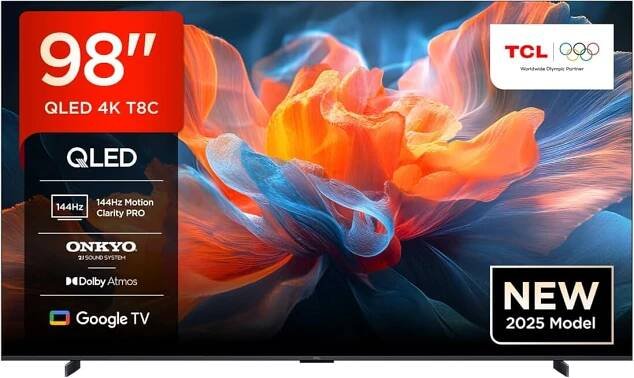 TCL Televizor 98T8C 98 palců QLED 4K HDR Ultra HD, chytrá televize pomocí Google TV (Dolby Vision & Atmos, 144Hz Motion Cl...