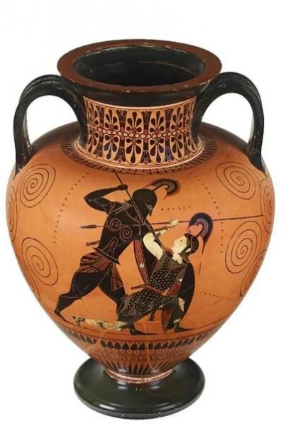 Black-figured amphora depicting Achilles killing Penthesilea, both holding spears and wearing helmets