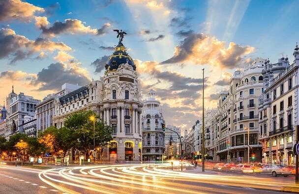 Madrid, Spain cityscape at Calle de Alcala and Gran Via.