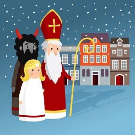 Roztomilý Svatý Mikuláš, anděl, čert, staré měšťanské domy a padající sníh. Vánoční pozvánka, vektorové ilustrace, zimní pozadí — Ilustrace