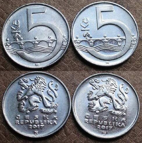 Česká republika 5 Kč - korun 2017 dvě varianty této mince   !!  vzácné - Numismatika