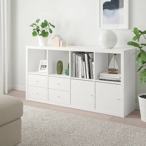Regál KALLAX bílý 147x77 cm se 4 vložkami, vertikální, horizontální komoda Kód výrobce 592.783.07