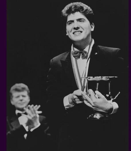 Van Cliburn onstage with 1993 Gold Medalist Simone Pedroni