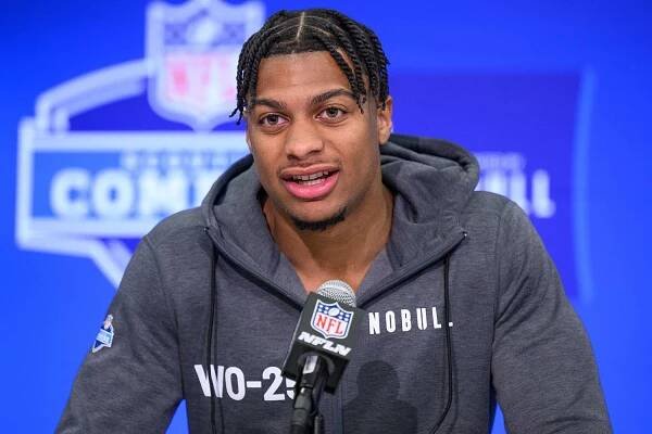 USC wide receiver Brenden Rice answers questions from the media during the NFL Scouting Combine on March 1, 2024, at the Indiana Convention Center in Indianapolis, IN.