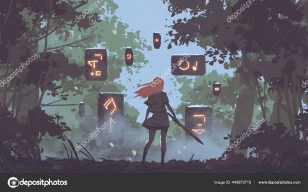 Woman Her Sword Looking Mysterious Floating Stones Forest Digital Art