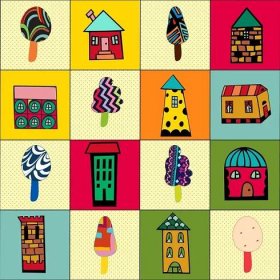 Pattern with cartoon houses and trees. — Ilustrace