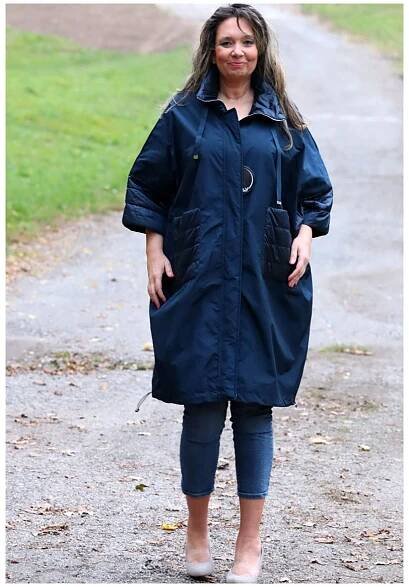 Dámský modrý podzimní kabát / ELY LUXURY / oversize prsa do 200 cm / MODA ITALY