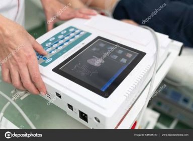 Cardiologist Doctor Performs Electrocardiography Procedure Man Lying Couch Hospital Ecg