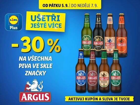 Reklama na pivo Argus s 30% slevou na všechny lahvové varianty.