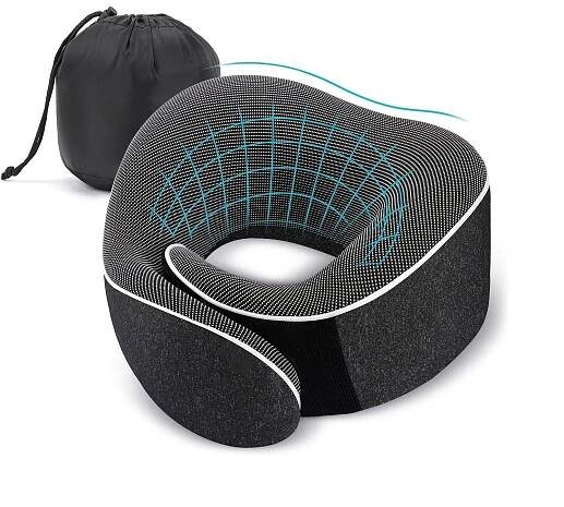 Ergonomic Travel Pillow for Neck Support - Soft Contoured Design with 100% Polyurethane Foam, Portable with Storage Bag, Black for Airplane, Car, *