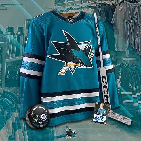 this is the image os a jersey, hockey puck, hockey stick. these are adidas and ccm vertified items sold for authentic san jose sharks items.