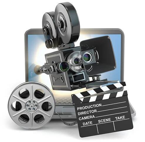 Video koncept. kamera na notebooku, stále navijáky a šindel. — Stock obrázek