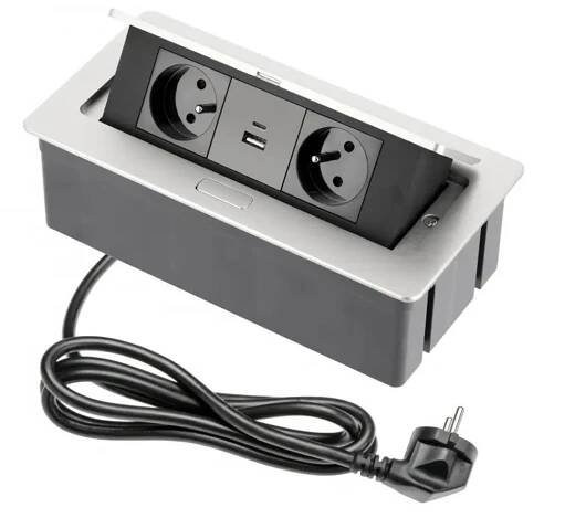 Výklopná zásuvka 2x 230V, 2x USB A+C nabíjecí 15W, barva stříbrná (hliník), kabel o délce 1.5m