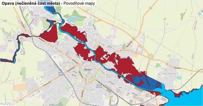 Povodňová mapa Opava (nečleněná část města)