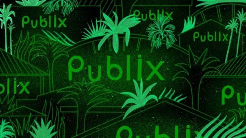 An illustration of a repeated Publix sign among vegetation