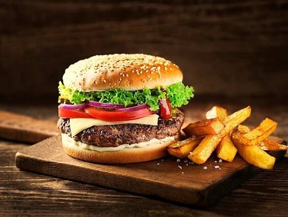Burger and fries on a plate