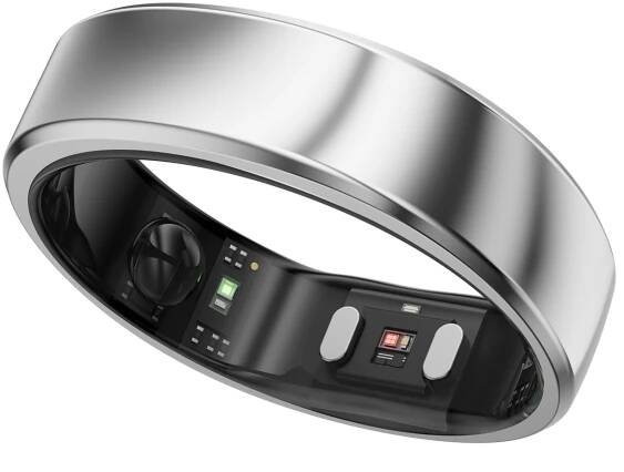 Silver smart ring with health tracking sensors, sleep apnea detection, and fitness monitoring.