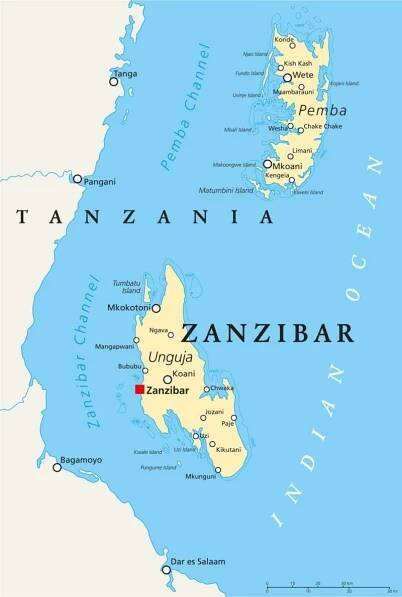 Mapa Zanzibaru a afrického pobřeží