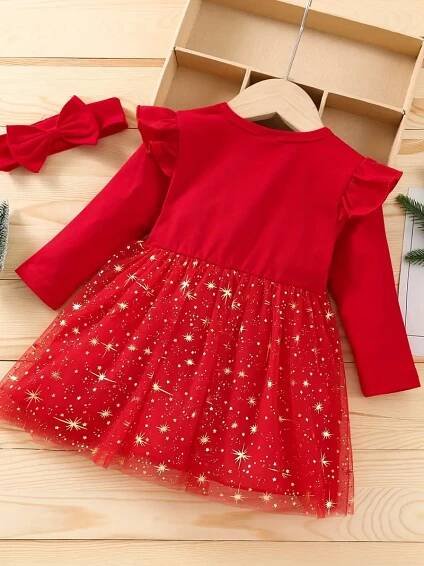 batole děvčata vánoční večírek maškarní oblečení   zlatý potisk s písmeny zářící hvězdy grafická síťovina tutu dress set Podrobnosti o produktu 0