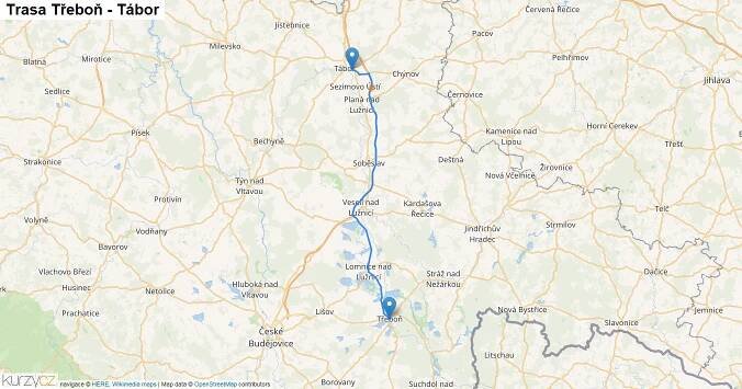 Třeboň-Tábor, mapa trasy
