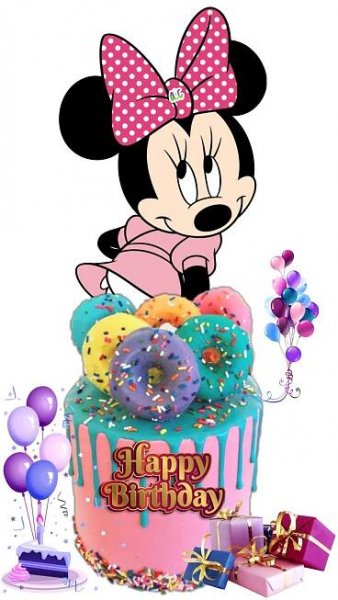 a minnie mouse birthday cake with sprinkles and balloons