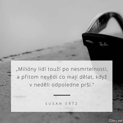 Susan Ertz citát: „Milióny lidí touží po nesmrtelnosti, a přitom nevědí co mají dělat, když v neděli odpoledne prší.“