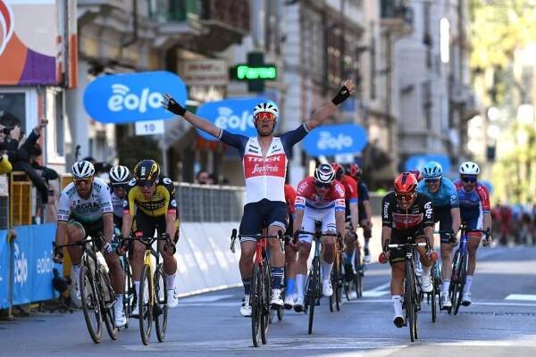 SANREMO ITALY  MARCH 20 Arrival  Jasper Stuyven of Belgium and Team Trek  Segafredo Celebration Peter Sagan of Slovakia and Team Bora  Hansgrohe Wout Van Aert of Belgium and Team Jumbo  Visma Mathieu Van Der Poel of Netherlands and Team AlpecinFenix  Caleb Ewan of Australia and Team Lotto Soudal during the 112th MilanoSanremo 2021 a 299km race from Milano to Sanremo  MilanoSanremo  La Classicissima  UCIWT  on March 20 2021 in Sanremo Italy Photo by Tim de WaeleGetty Images