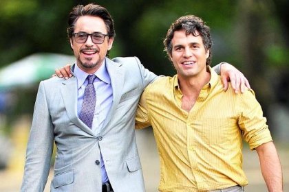 Robert Downey Jr. and Mark Ruffalo filming on location for The Avengers in Central Park in New York City.